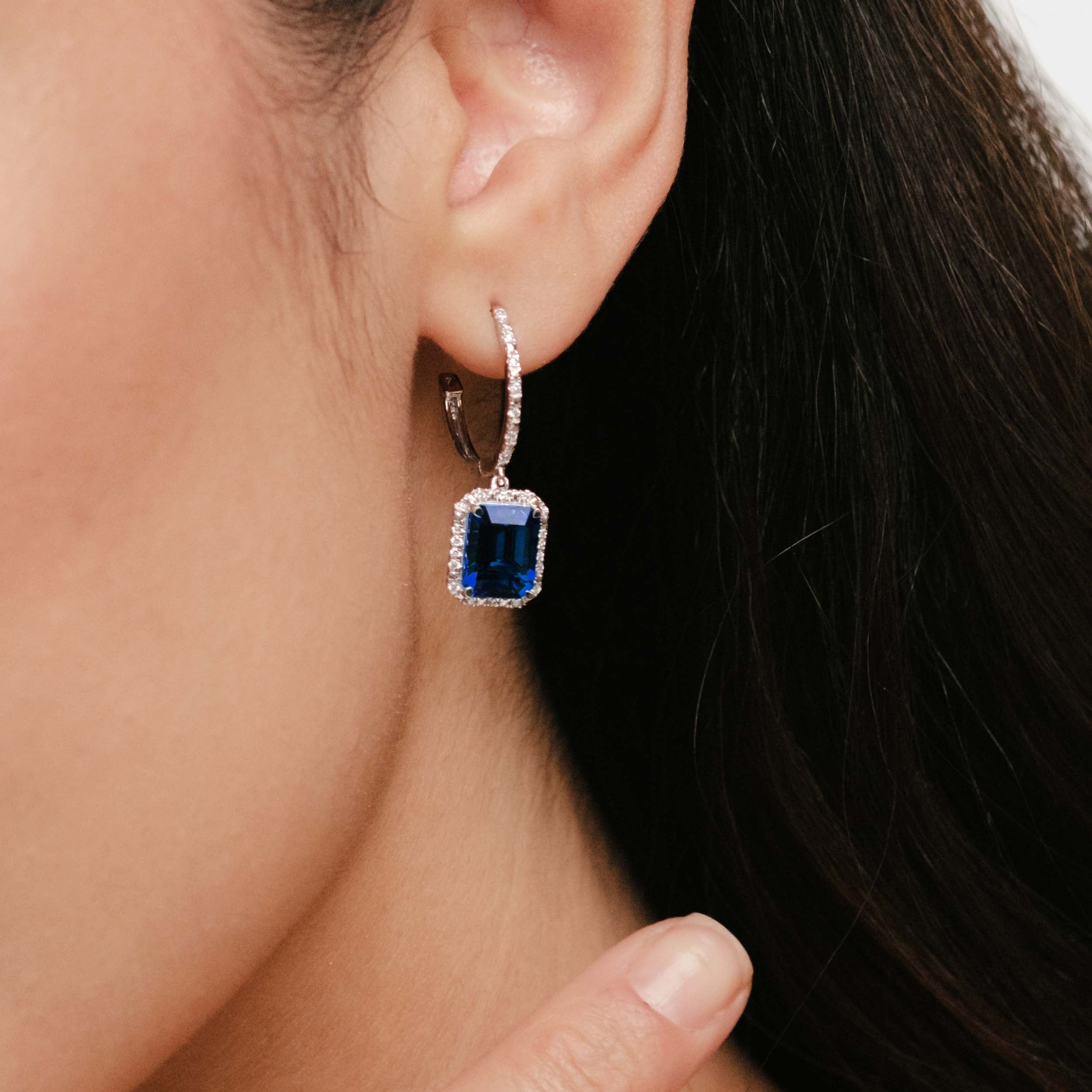 Astra 4.00ct Lab Sapphire and Diamond Drop Halo Octagon Cut Earrings in Silver